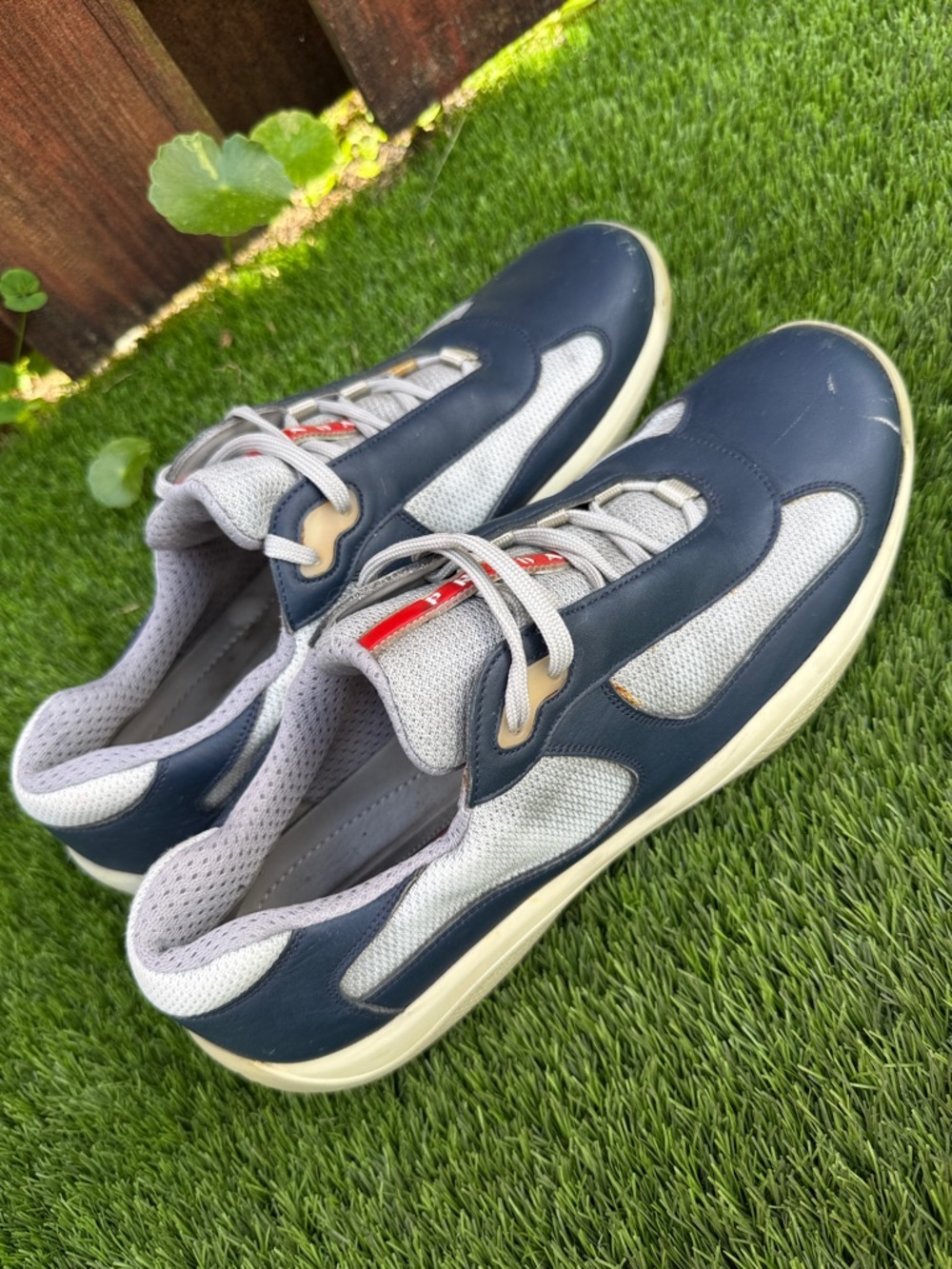 Prada Navy, Gray and Cream Men’s Leather Mesh Sneakers with Red Logo Stripe - Picture 2 of 8